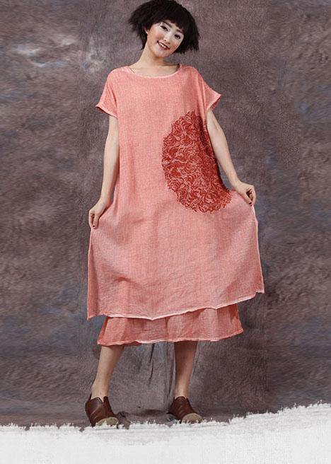 Elegant orange embroidery linen cotton dress side open long summer Dresses - SooLinen