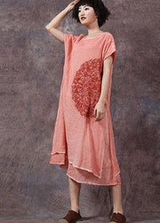 Elegant orange embroidery linen cotton dress side open long summer Dresses - SooLinen