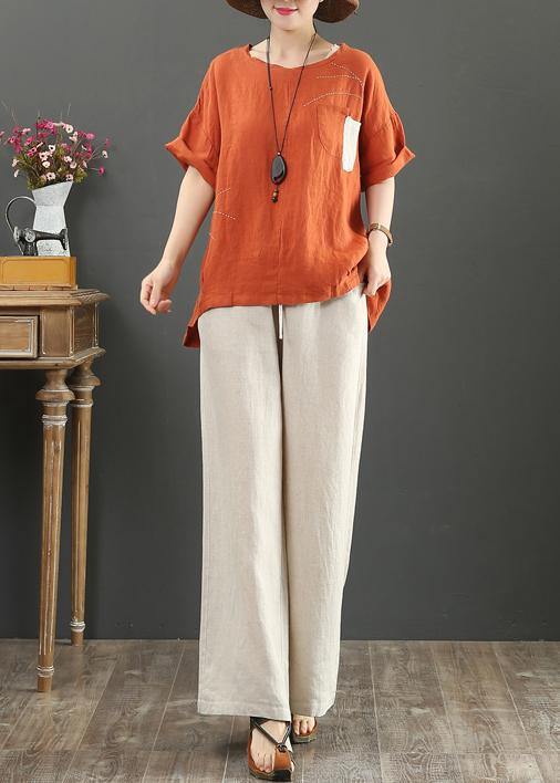 Elegant orange linen shirts women o neck pockets Plus Size Clothing summer top - SooLinen