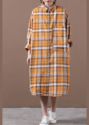 Elegant orange plaid Robes lapel Cinched loose spring Dress - SooLinen