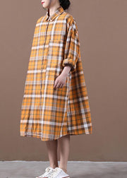 Elegant orange plaid Robes lapel Cinched loose spring Dress - SooLinen