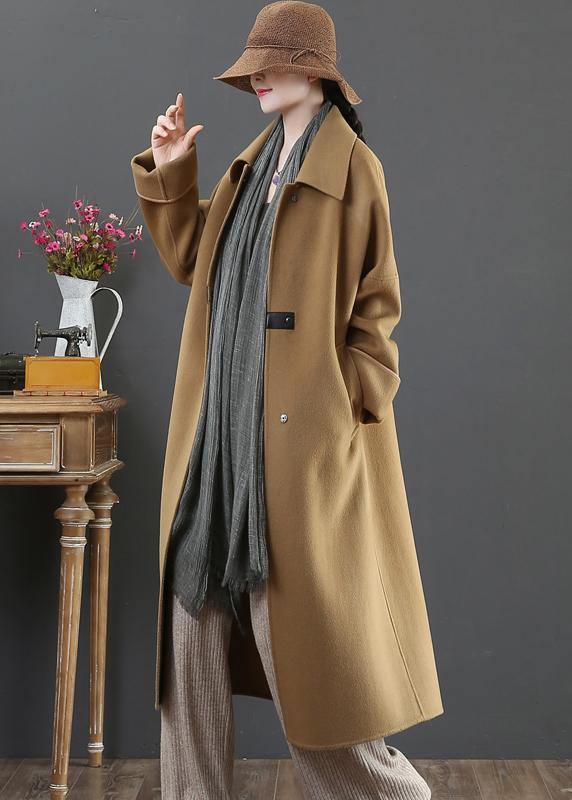 Elegant oversize Coats winter woolen outwear brown lapel pockets wool coat for woman - SooLinen