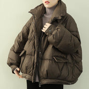 Elegant oversize snow jackets winter outwear chocolate stand collar zippered down coat - SooLinen