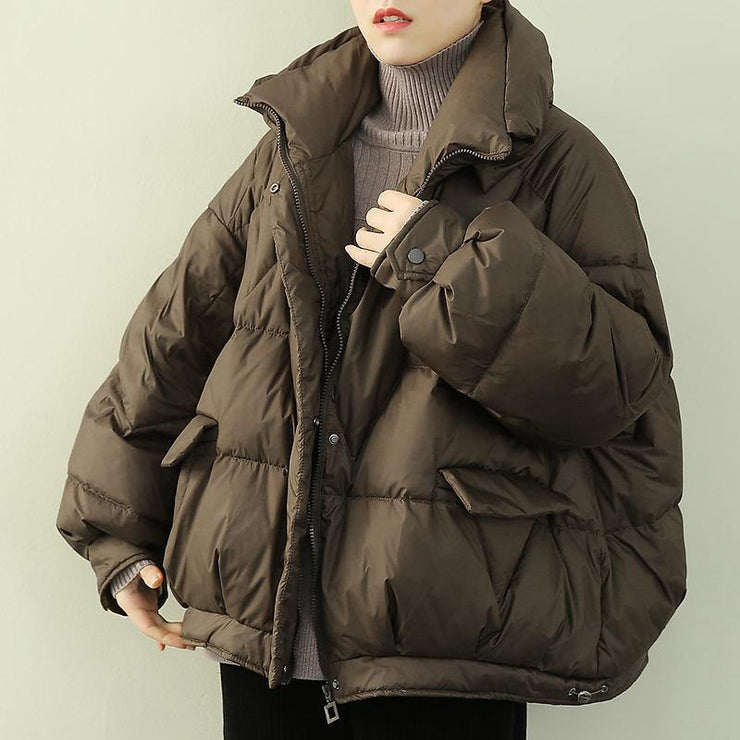 Elegant oversize snow jackets winter outwear chocolate stand collar zippered down coat - SooLinen