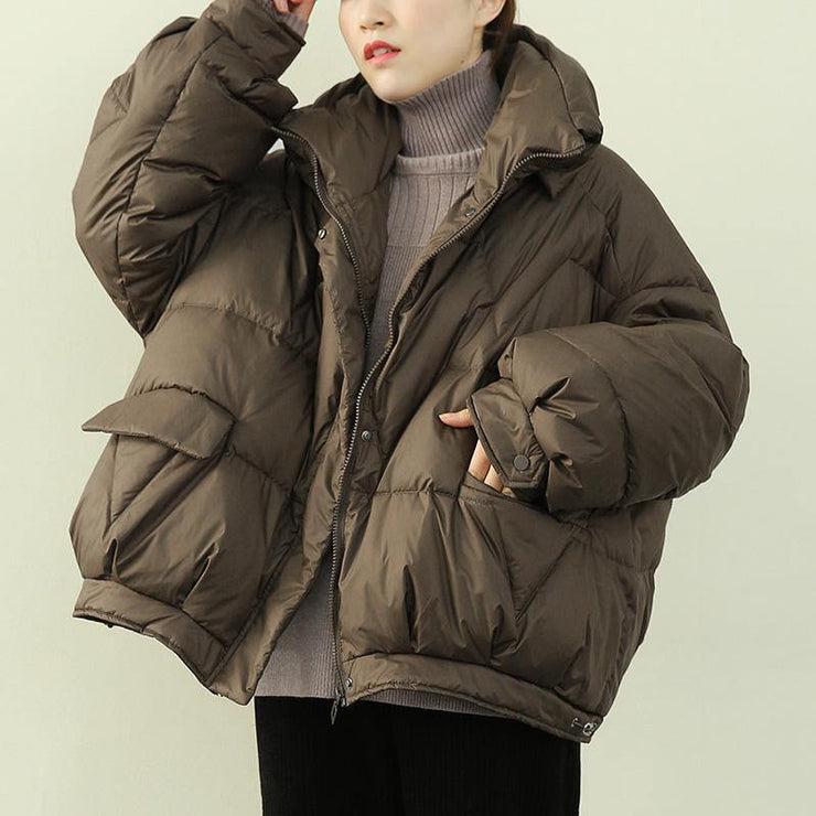 Elegant oversize snow jackets winter outwear chocolate stand collar zippered down coat - SooLinen