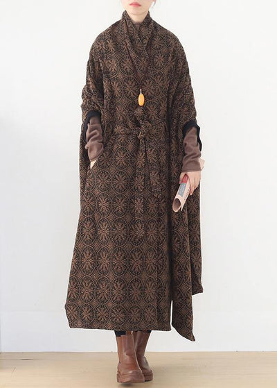 Elegant oversized mid-length coats winter brown Batwing Sleeve v neck woolen outwear - SooLinen