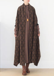 Elegant oversized mid-length coats winter brown Batwing Sleeve v neck woolen outwear - SooLinen