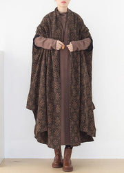 Elegant oversized mid-length coats winter brown Batwing Sleeve v neck woolen outwear - SooLinen