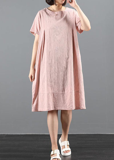 Elegant pink dresses o neck pockets Plus Size Dress - SooLinen