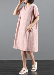 Elegant pink dresses o neck pockets Plus Size Dress - SooLinen