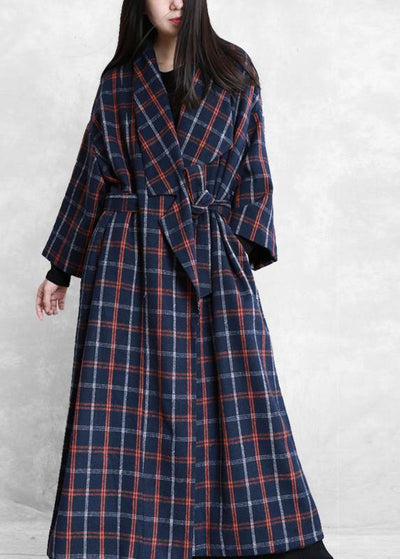 Elegant plus size Coats blue plaid Notched tie waist wool coat for woman - SooLinen