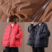 Elegant plus size clothing down jacket overcoat chocolate stand collar Ruffles down jacket - SooLinen