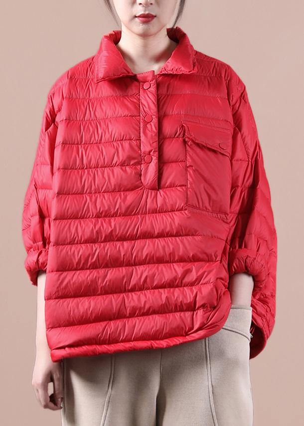 Elegant plus size down jacket overcoat red lapel pockets goose Down coat - SooLinen