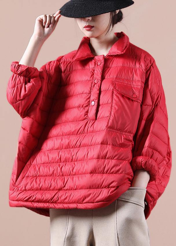 Elegant plus size down jacket overcoat red lapel pockets goose Down coat - SooLinen