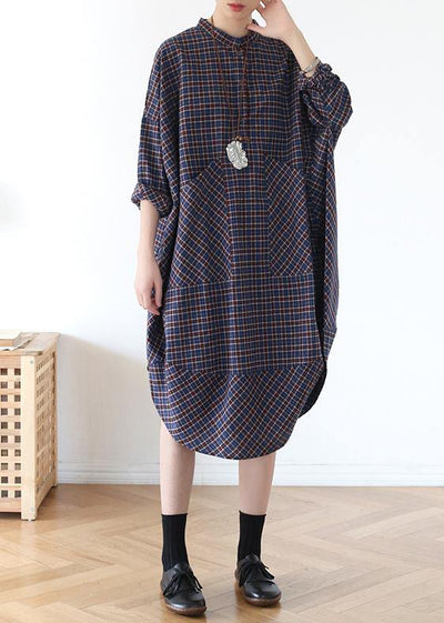 Elegant pockets fall clothes Women blue purple plaid loose Dresses - SooLinen