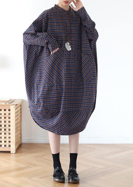 Elegant pockets fall clothes Women blue purple plaid loose Dresses - SooLinen