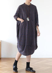 Elegant pockets fall clothes Women blue purple plaid loose Dresses - SooLinen