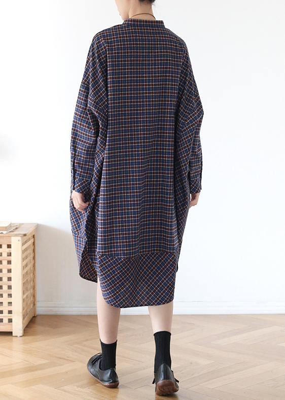 Elegant pockets fall clothes Women blue purple plaid loose Dresses - SooLinen