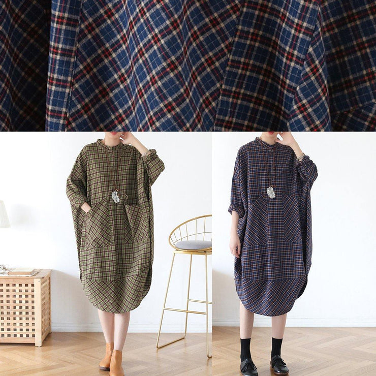 Elegant pockets fall clothes Women blue purple plaid loose Dresses - SooLinen