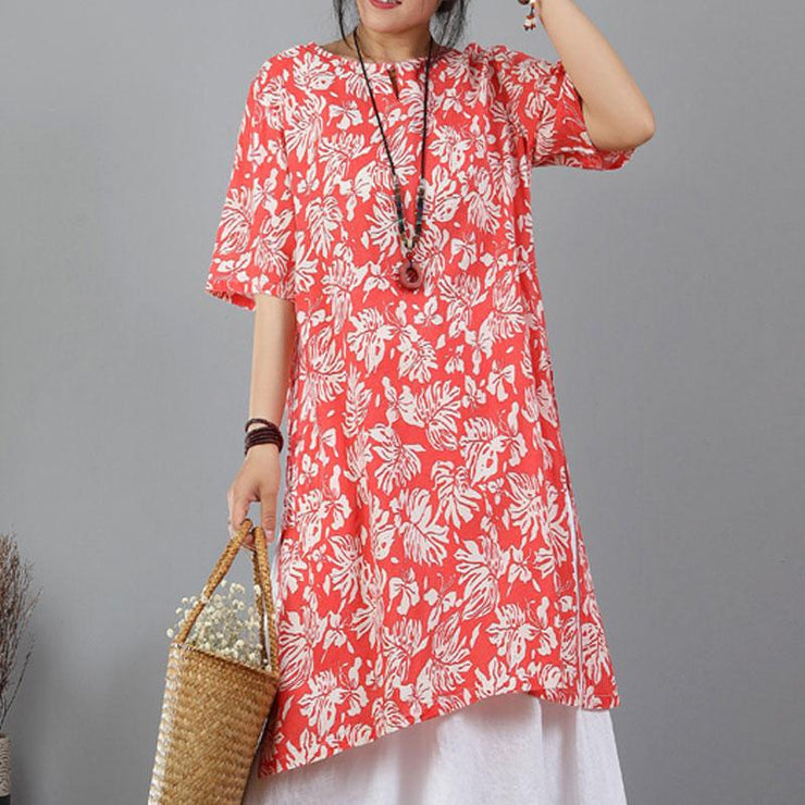 Elegant pure Cotton Blend tops plus size Printed Ethnic Cotton Blend Split Orange Red Tops