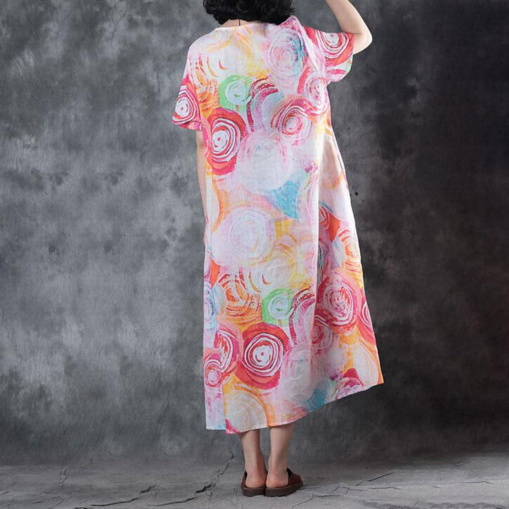 Elegant pure linen tops trendy plus size False Two-piece Short Sleeve Printed Summer Dress