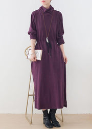 Elegant purple clothes For Women high neck drawstring Kaftan  Dresses - SooLinen