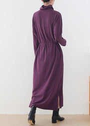 Elegant purple clothes For Women high neck drawstring Kaftan  Dresses - SooLinen