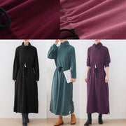 Elegant purple clothes For Women high neck drawstring Kaftan  Dresses - SooLinen