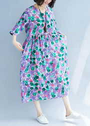 Elegant purple prints cotton linen quilting dresses Cinched waist Love summer Dress - SooLinen