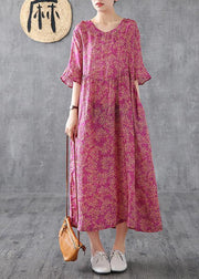 Elegant purple red print linen dress o neck Petal Sleeve loose summer Dress - SooLinen