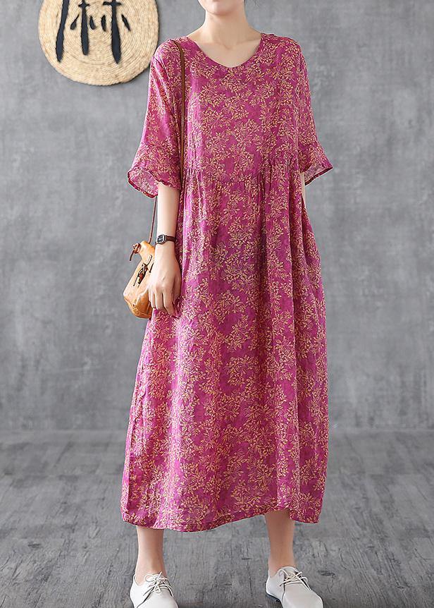 Elegant purple red print linen dress o neck Petal Sleeve loose summer Dress - SooLinen