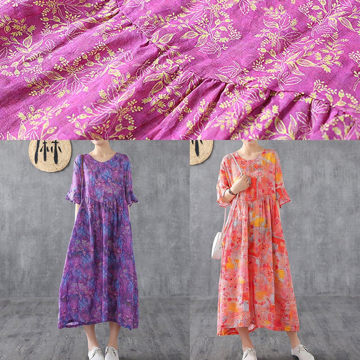 Elegant purple red print linen dress o neck Petal Sleeve loose summer Dress - SooLinen