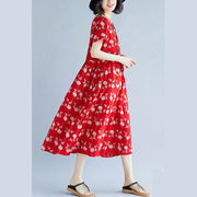 Elegant red Midi-length cotton blended dress Loose fitting traveling clothing New short sleeve print drawstring clothing dress