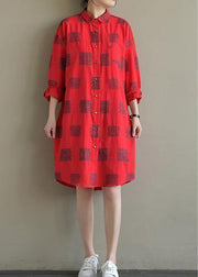 Elegant red Plaid Cotton quilting clothes lapel Button Down daily spring Dress - SooLinen