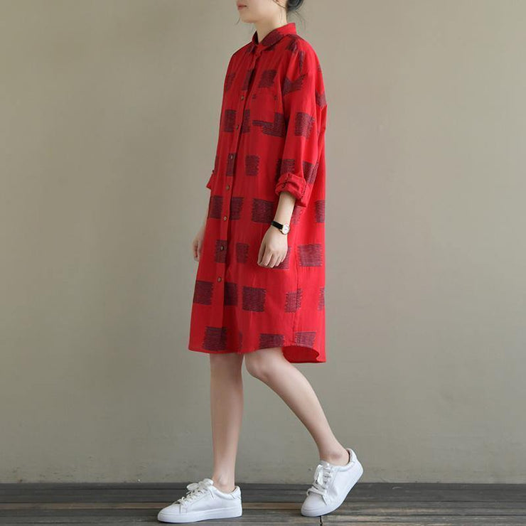 Elegant red Plaid Cotton quilting clothes lapel Button Down daily spring Dress - SooLinen