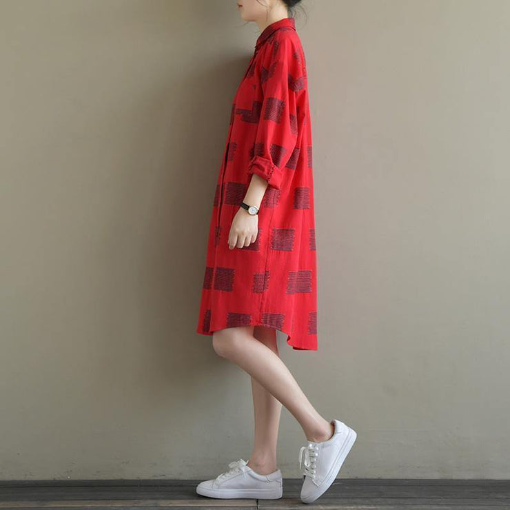 Elegant red Plaid Cotton quilting clothes lapel Button Down daily spring Dress - SooLinen