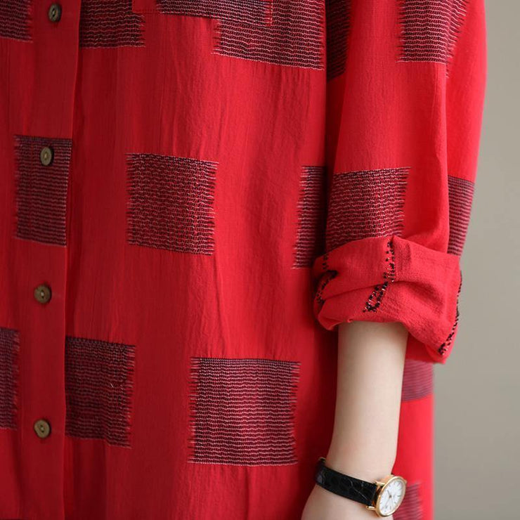 Elegant red Plaid Cotton quilting clothes lapel Button Down daily spring Dress - SooLinen