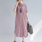 Elegant red Plaid cotton maxi shirt dress oversize Turn-down Collar gown 2018 long sleeve side open cotton shirt dresses