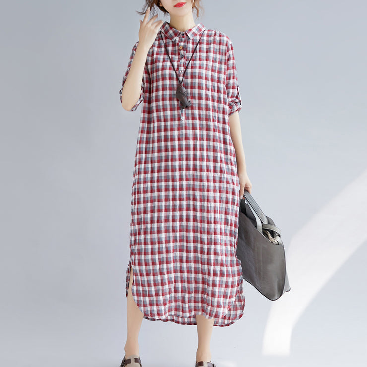 Elegant red Plaid cotton maxi shirt dress oversize Turn-down Collar gown 2018 long sleeve side open cotton shirt dresses