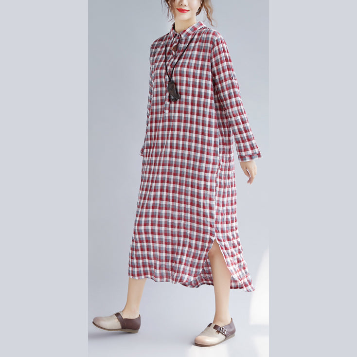 Elegant red Plaid cotton maxi shirt dress oversize Turn-down Collar gown 2018 long sleeve side open cotton shirt dresses