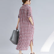 Elegant red Plaid cotton maxi shirt dress oversize Turn-down Collar gown 2018 long sleeve side open cotton shirt dresses