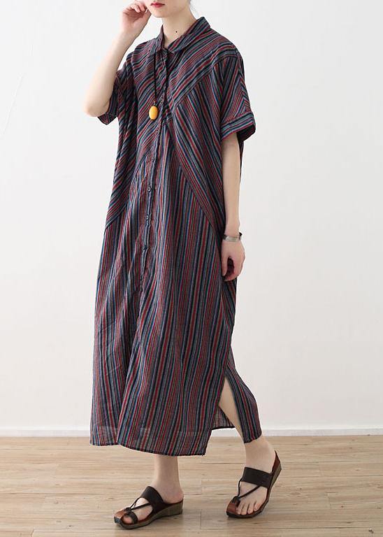 Elegant red blue striped cotton linen shirt dresses lapel collar summer Dress - SooLinen