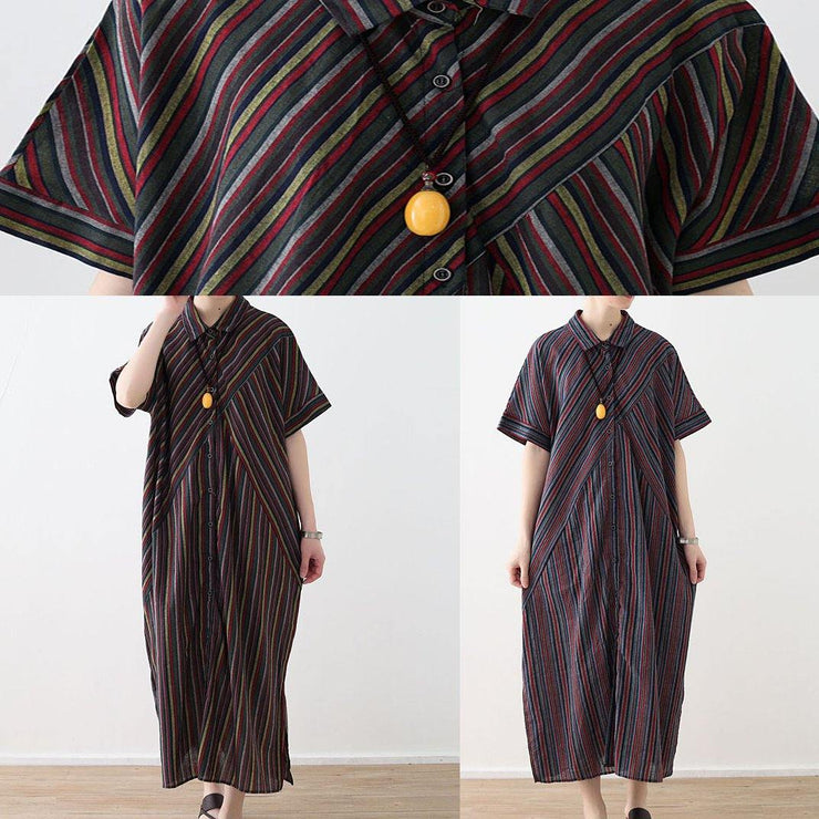 Elegant red blue striped cotton linen shirt dresses lapel collar summer Dress - SooLinen