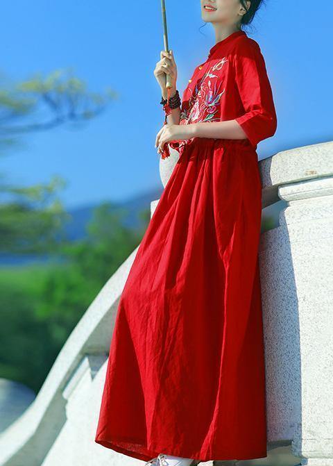 Elegant red embroidery linen Robes v neck drawstring summer Dresses - SooLinen