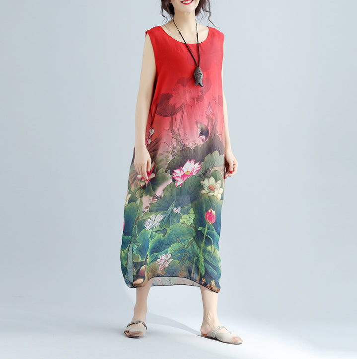 Elegant red floral cotton dress casual sleeveless long cotton dresses fine side open cotton dress