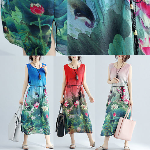 Elegant red floral cotton dress casual sleeveless long cotton dresses fine side open cotton dress