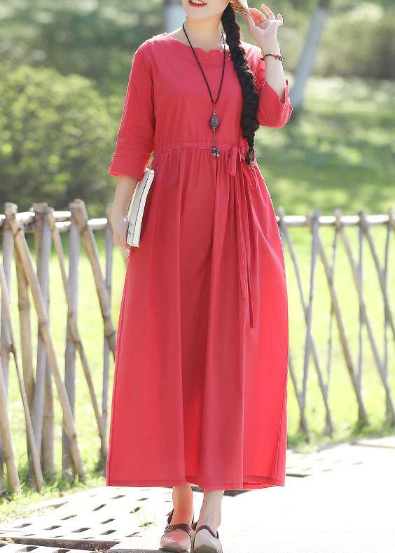 Elegant red linen cotton dresses Indian pattern v neck Three Quarter sleeve Love Summer Dress - SooLinen