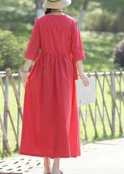 Elegant red linen cotton dresses Indian pattern v neck Three Quarter sleeve Love Summer Dress - SooLinen