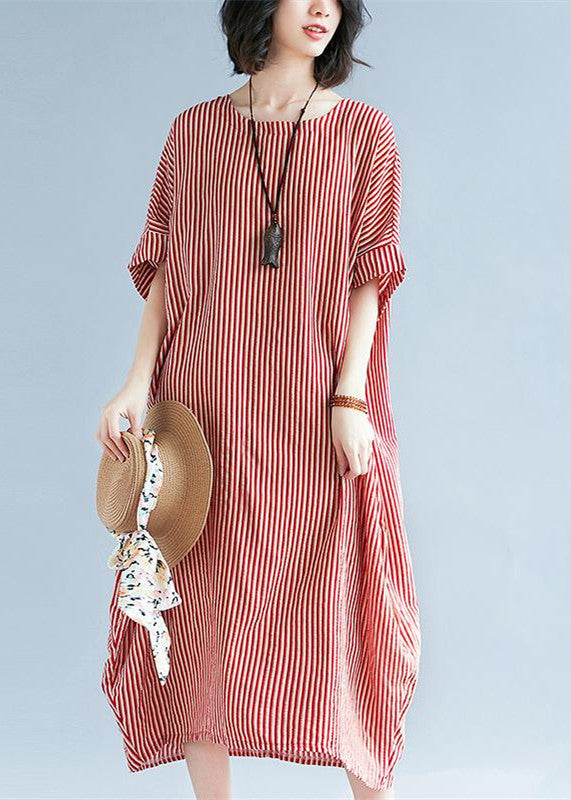 Elegant red linen maxi dress plus size O neck striped linen clothing dresses Fine baggy dresses caftans