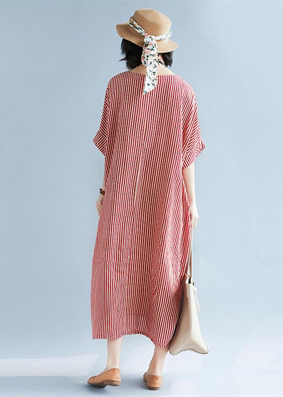 Elegant red linen maxi dress plus size O neck striped linen clothing dresses Fine baggy dresses caftans